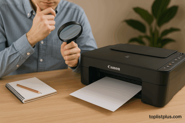 ชายกำลังพิจารณาเครื่องปริ้น Canon บนโต๊ะไม้ โดยมีแว่นขยายอยู่ในมือ พร้อมสมุดจดและต้นไม้ในพื้นหลัง – เครื่องปริ้น Canon รุ่นไหนดี