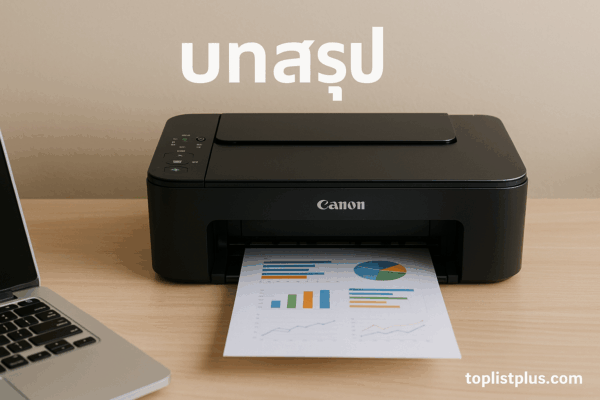 เครื่องปริ้น Canon รุ่นไหนดี วางบนโต๊ะไม้พร้อมแผ่นกราฟสรุปผลการใช้งาน