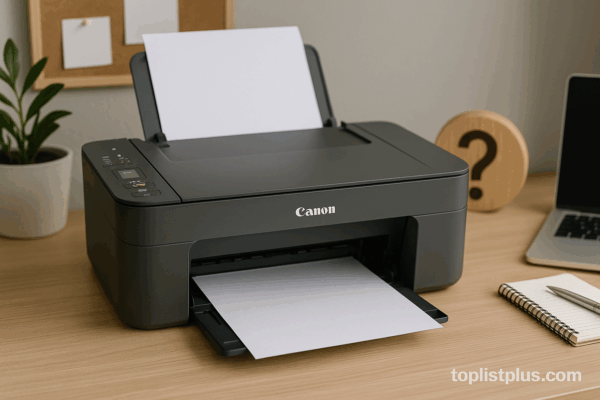 เครื่องปริ้น Canon รุ่นไหนดี – ภาพเครื่องพิมพ์ Canon ตั้งอยู่บนโต๊ะไม้พร้อมคอมพิวเตอร์โน้ตบุ๊กและสมุดโน้ต