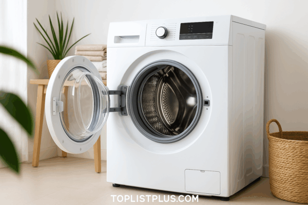 A white washing machine with a door open "เครื่องซักผ้า 12 กิโล ยี่ห้อไหนดี"