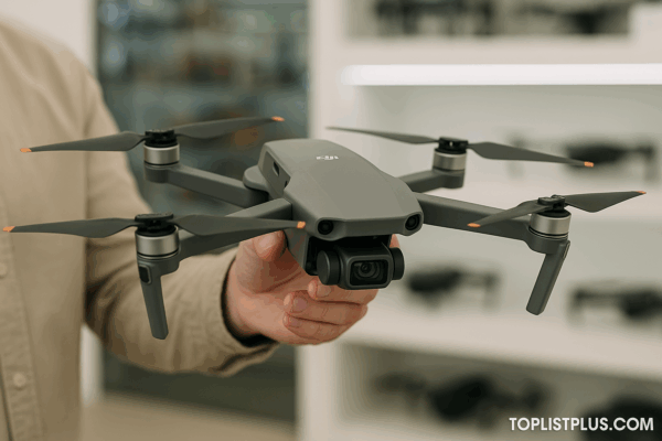 โดรน DJI รุ่นไหนดี - ภาพมือจับโดรน DJI สีเทาดีไซน์พับได้ในร้านอิเล็กทรอนิกส์