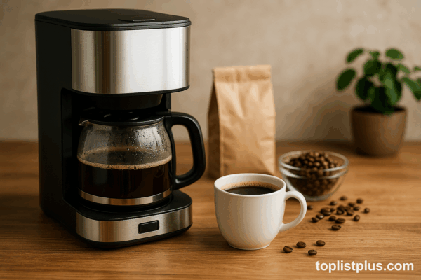 เครื่องชงกาแฟ ยี่ห้อไหนดี ที่วางอยู่บนโต๊ะไม้ พร้อมแก้วกาแฟและเมล็ดกาแฟ