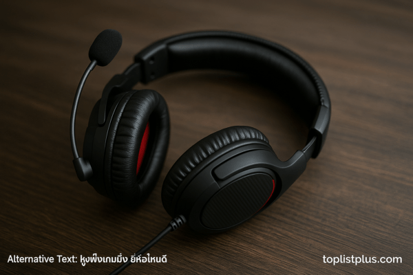 หูฟังเกมมิ่ง ยี่ห้อไหนดี แบบครอบหูดีไซน์ทันสมัยพร้อมไฟ RGB บนพื้นหลังเบลอ