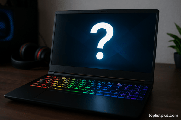 Gaming Laptop ยี่ห้อไหนดี วางบนโต๊ะ พร้อมคีย์บอร์ดไฟ RGB และเครื่องหมายคำถามบนหน้าจอ