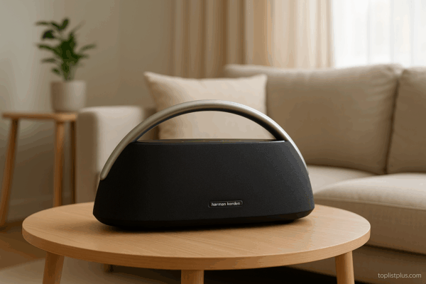รีวิวลำโพง Harman/Kardon Go + Play 3 ตั้งอยู่บนโต๊ะไม้ภายในห้องนั่งเล่น