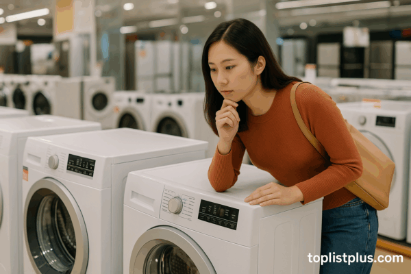 ผู้หญิงกำลังเลือกดูเครื่องซักผ้าฝาหน้าในร้าน HomePro อย่างตั้งใจ – เครื่องซักผ้า Homepro ยี่ห้อไหนดี