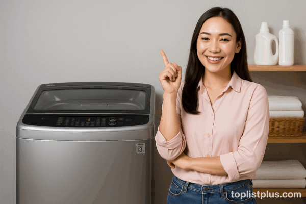เครื่องซักผ้า LG ฝาบน 13 kg รุ่นไหนดี กับผู้หญิงยืนอยู่ข้างเครื่องซักผ้าในห้องซักผ้าทันสมัย