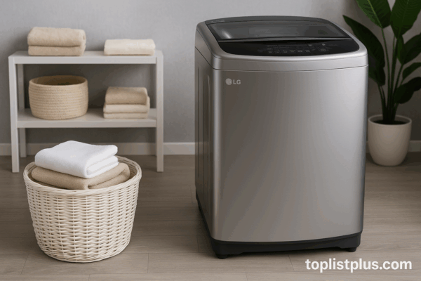 เครื่องซักผ้า LG ฝาบน 13 kg รุ่นไหนดี ภาพเครื่องซักผ้าในห้องซักรีดสไตล์มินิมอล