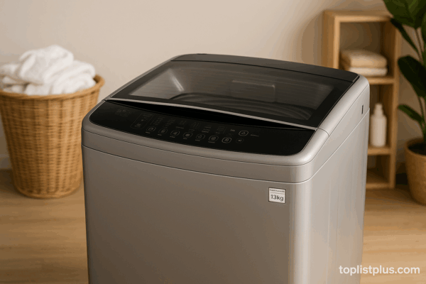 เครื่องซักผ้า LG ฝาบน 13 kg รุ่นไหนดี ตั้งอยู่ในห้องซักผ้าทันสมัยพร้อมตะกร้าผ้าหวายและต้นไม้ตกแต่ง