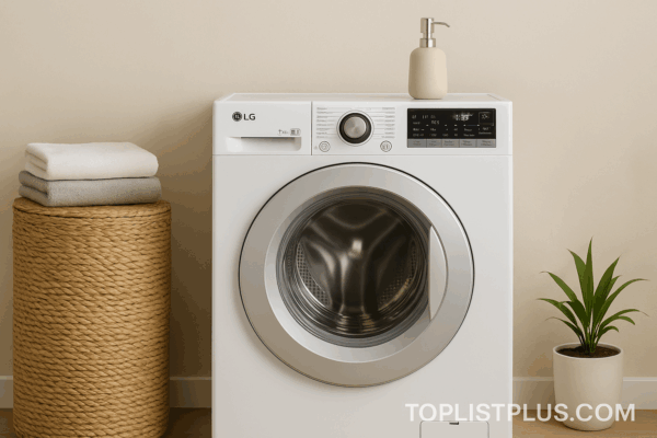 เครื่องซักผ้า LG 8 kg รุ่นไหนดี ภาพเครื่องซักผ้า LG ฝาหน้าในห้องซักรีดสไตล์มินิมอล