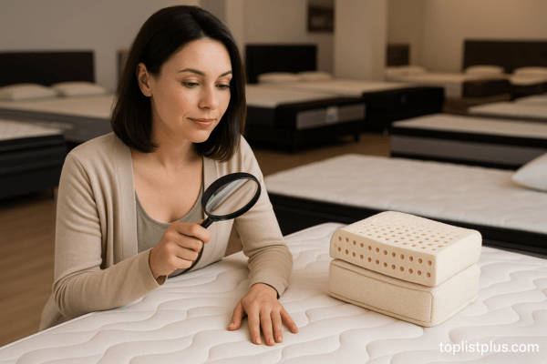ผู้หญิงกำลังตรวจสอบที่นอนในร้านขาย ที่นอนยางพารา ยี่ห้อไหนดี ด้วยแว่นขยาย