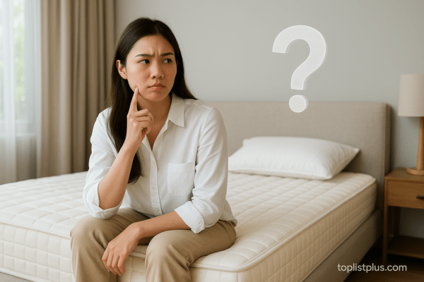 ผู้หญิงกำลังนั่งบนที่นอนยางพาราในห้องนอน พร้อมสีหน้าครุ่นคิด สื่อถึงคำถามที่พบบ่อยเกี่ยวกับ ที่นอนยางพารา ยี่ห้อไหนดี
