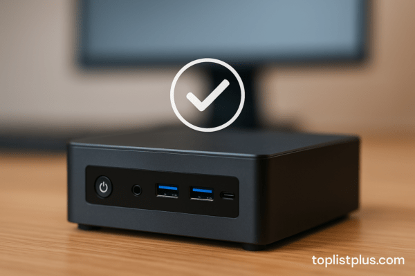 Mini PC บนโต๊ะทำงานพร้อมถ้วยกาแฟ