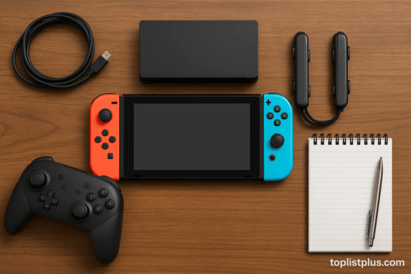 อุปกรณ์เสริม Nintendo Switch ที่วางเรียงบนโต๊ะไม้พร้อมเครื่องเล่นและจอยเกม