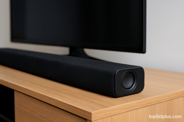 ภาพตกแต่งบทความหัวข้อ เคล็ดลับการเลือกซื้อ Soundbar ยี่ห้อไหนดี แสดงให้เห็นซาวด์บาร์สีดำดีไซน์เรียบหรูวางอยู่บนชั้นไม้ใต้ทีวี