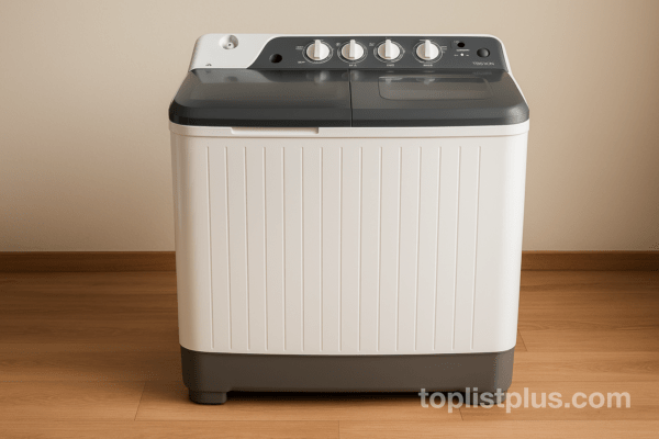 ภาพเครื่องซักผ้า 2 ถัง 10 กิโล ยี่ห้อ Toshiba ตั้งอยู่ในห้องซักล้างที่มีพื้นไม้