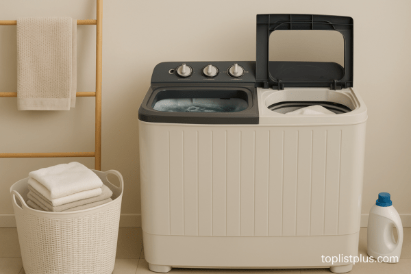 ภาพเครื่องซักผ้า 2 ถัง ราคาไม่เกิน 5000 ยี่ห้อไหนดี ในห้องซักผ้าสไตล์มินิมอล