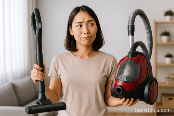 หญิงสาวกำลังเปรียบเทียบเครื่องดูดฝุ่นในมือทั้งสองข้าง ขณะกำลังพิจารณาว่าเครื่องดูดฝุ่นแบบไหนดี