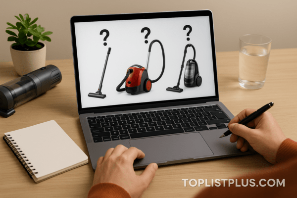 ภาพประกอบบทความหัวข้อ "บทสรุปการซื้อ" แสดงฉากการเลือกตัดสินใจว่าเครื่องดูดฝุ่นแบบไหนดี โดยมีเครื่องดูดฝุ่นหลายแบบให้เลือกบนหน้าจอแล็ปท็อป