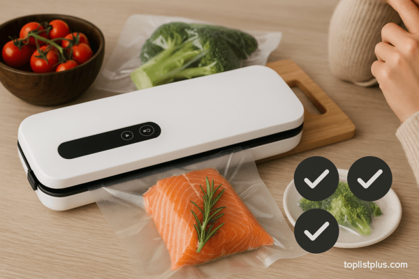 เครื่องซีลสูญญากาศ ยี่ห้อไหนดี - ภาพเครื่องซีลสูญญากาศทันสมัยบนเคาน์เตอร์ไม้ พร้อมถุงซีลที่บรรจุแซลมอนและบรอกโคลีในฉากตกแต่งครัว