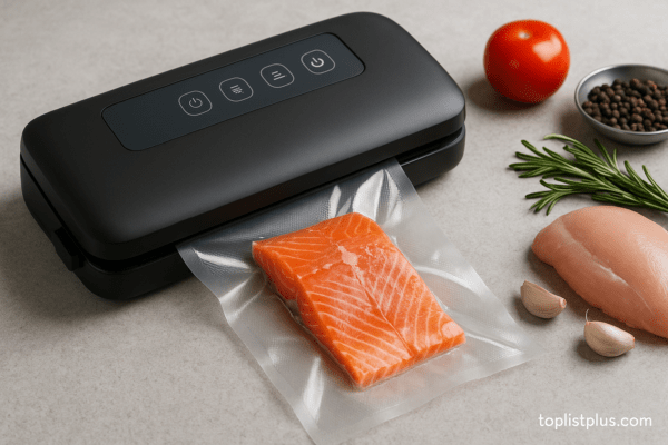 เครื่องซีลสูญญากาศ ยี่ห้อไหนดี บรรจุแซลมอนในถุงสุญญากาศ บนพื้นโต๊ะครัวสมัยใหม่