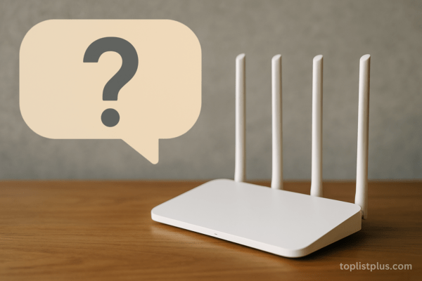 เราเตอร์ ยี่ห้อไหนดี – ภาพเราเตอร์ไวไฟสีขาววางอยู่บนโต๊ะไม้ พร้อมพื้นหลังที่มีสัญลักษณ์คำถาม
