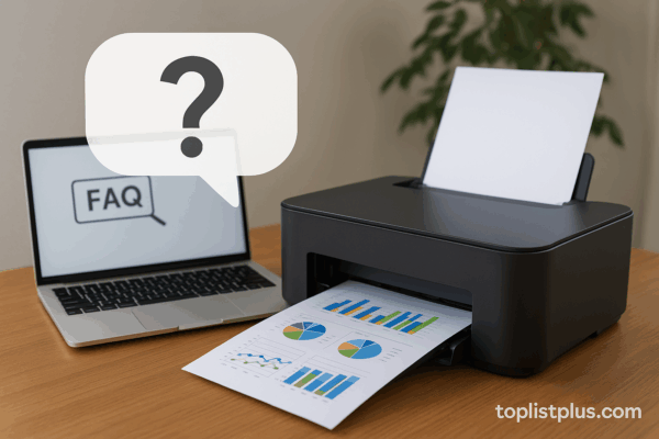 เครื่องปริ้น WiFi รุ่นไหนดี พร้อมโน้ตบุ๊กแสดงคำว่า FAQ และเอกสารแผนภูมิที่กำลังพิมพ์ออกมา
