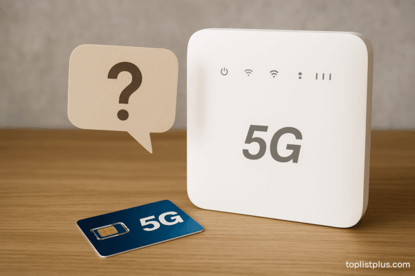 รูปภาพเราเตอร์ใส่ซิม 5G ยี่ห้อไหนดี พร้อมซิมการ์ดวางบนโต๊ะไม้และสัญลักษณ์คำถาม สื่อถึงการสรุปบทความ