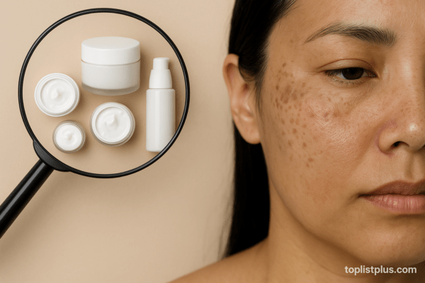 ภาพประกอบเคล็ดลับการเลือกซื้อครีมแก้ฝ้า กระ จุดด่างดํา ยี่ห้อไหนดี แสดงใบหน้าผู้หญิงที่มีปัญหาฝ้าและกระ พร้อมผลิตภัณฑ์ครีมบำรุงในแว่นขยาย