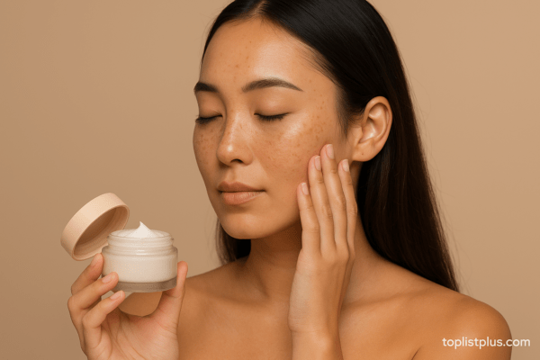 ภาพแสดงผู้หญิงกำลังใช้ผลิตภัณฑ์ครีมแก้ฝ้า กระ จุดด่างดํา ยี่ห้อไหนดี อย่างอ่อนโยน พร้อมพื้นหลังเรียบง่าย