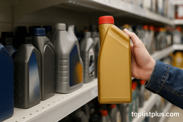 ภาพการเลือกซื้อน้ำมันเครื่องรถยนต์ในร้านอะไหล่ โดยมีคำถามว่าน้ำมันเครื่องรถยนต์ ยี่ห้อไหนดี