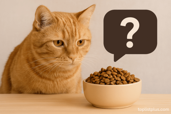 ภาพประกอบคำถามที่พบบ่อยเกี่ยวกับอาหารแมว ยี่ห้อไหนดี แสดงแมวกำลังจ้องมองอาหารเม็ดในชาม