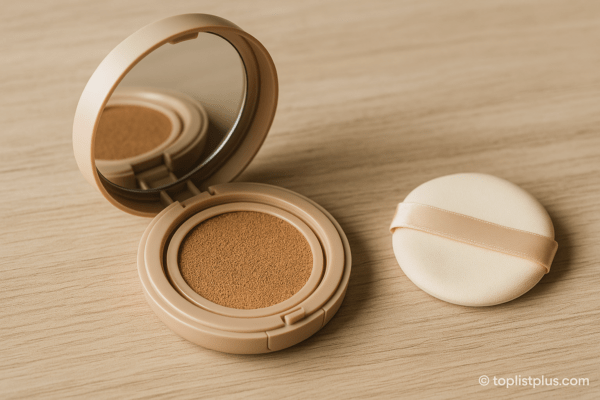 คุชชั่น ยี่ห้อไหนดี พร้อมพัฟวางบนพื้นไม้โทนอบอุ่น