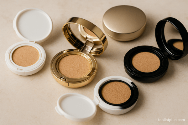 คุชชั่น ยี่ห้อไหนดี รวมคุชชั่นหลายแบรนด์จัดเรียงสวยงามบนพื้นสีเบจ