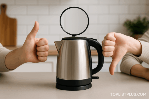 เคล็ดลับการเลือกซื้อกาต้มน้ำไฟฟ้า ยี่ห้อไหนดี โดยมีภาพกาต้มน้ำไฟฟ้าแบบสเตนเลสพร้อมมือให้คะแนนและแว่นขยายในครัว