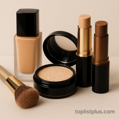 รองพื้น ยี่ห้อไหนดี - ภาพผลิตภัณฑ์รองพื้นหลากหลายประเภทพร้อมแปรงแต่งหน้า