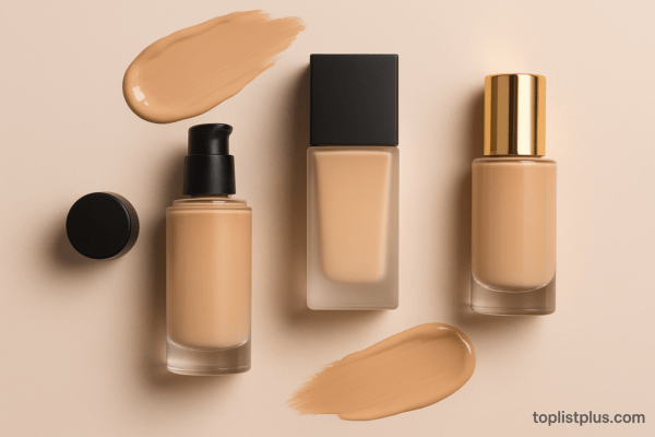 รองพื้น ยี่ห้อไหนดี ที่แสดงขวดรองพื้นหลากเฉดบนพื้นหลังเรียบหรู