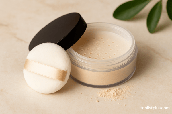 ภาพแป้งฝุ่นสำหรับบทความหัวข้อ "แป้งฝุ่น ยี่ห้อไหนดี" วางบนพื้นหินอ่อนพร้อมพัฟและฝาเปิด