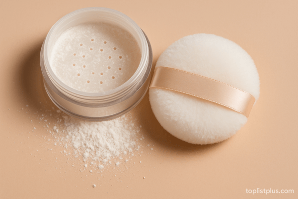 แป้งฝุ่น ยี่ห้อไหนดี บนพื้นสีเบจพร้อมพัฟแต่งหน้า