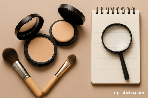 เครื่องสำอางและอุปกรณ์แต่งหน้าจัดวางเพื่อแสดงบริบทของการเลือกซื้อ แป้งพัฟ ยี่ห้อไหนดี