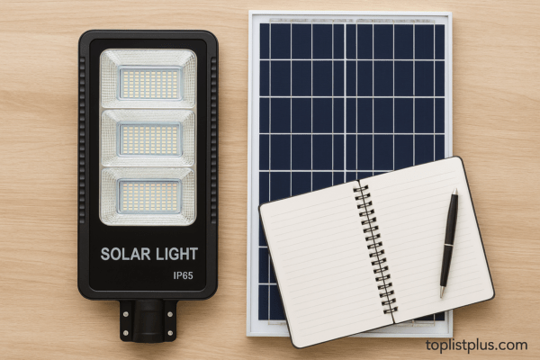 ไฟโซล่าเซลล์ ยี่ห้อไหนดี พร้อมโคมไฟ LED แผงโซล่าเซลล์ และสมุดจดวางบนโต๊ะไม้