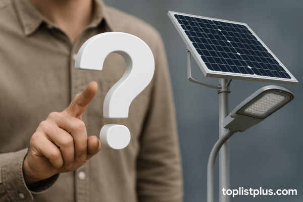 ภาพแนวนอนแสดงมือคนกำลังชี้ไปที่เครื่องหมายคำถามข้างโคมไฟโซล่าเซลล์ พร้อมลายน้ำ toplistplus.com เพื่อใช้ประกอบหัวข้อคำถามที่พบบ่อยในบทความ “ไฟโซล่าเซลล์ ยี่ห้อไหนดี”