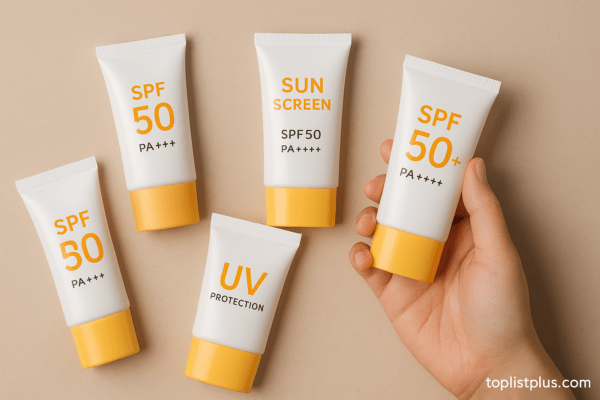 ครีมกันแดด ยี่ห้อไหนดี – ครีมกันแดดหลายหลอดจัดวางบนพื้นหลังเรียบอย่างสวยงาม
