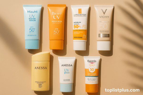 ครีมกันแดด ยี่ห้อไหนดี – ภาพผลิตภัณฑ์ครีมกันแดดหลากหลายยี่ห้อจัดเรียงบนพื้นหลังสีครีม พร้อมลายน้ำ toplistplus.com