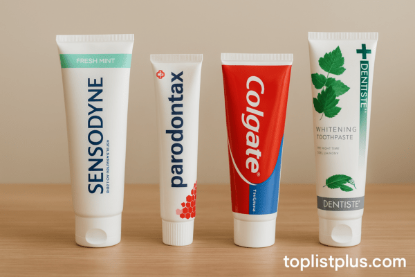 ภาพยาสีฟัน ยี่ห้อไหนดี ที่ได้รับความนิยม เช่น Sensodyne, Parodontax, Colgate และ Dentiste จัดวางเรียงกันอย่างสวยงามบนพื้นไม้