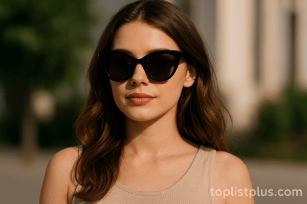 ภาพผู้หญิงสวมแว่นตากันแดดแบบทันสมัยกลางแจ้ง สำหรับประกอบบทความเรื่อง "แว่นตากันแดดผู้หญิง ยี่ห้อไหนดี"