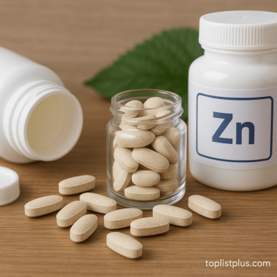 ภาพถ่ายผลิตภัณฑ์ Zinc ยี่ห้อไหนดี วางบนพื้นไม้ธรรมชาติ พร้อมเม็ดยาและขวดบรรจุ