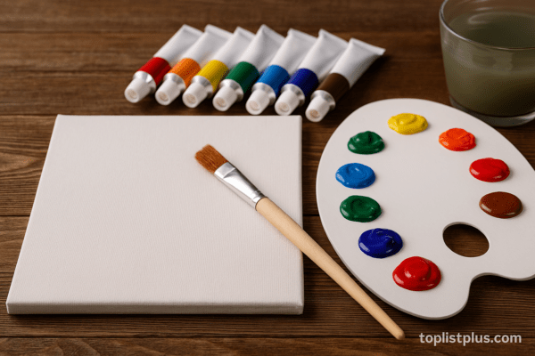 อุปกรณ์วาดภาพด้วยสีอะคริลิคจัดวางเรียงกันบนพื้นไม้ พร้อมพู่กัน จานสี และหลอดสี เหมาะกับบทความสรุปเรื่อง "สีอะคริลิค ยี่ห้อไหนดี"