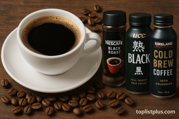 ถ้วยกาแฟดำพร้อมเมล็ดกาแฟและบรรจุภัณฑ์จากหลายยี่ห้อ จัดวางบนพื้นไม้ เพื่อประกอบบทความเรื่อง กาแฟดํา ยี่ห้อไหนดี