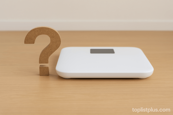 เครื่องชั่งน้ำหนักดิจิทัลพร้อมเครื่องหมายคำถามบนพื้นไม้ สำหรับประกอบหัวข้อคำถามที่พบบ่อยในบทความ “เครื่องชั่งน้ำหนัก ยี่ห้อไหนดี”